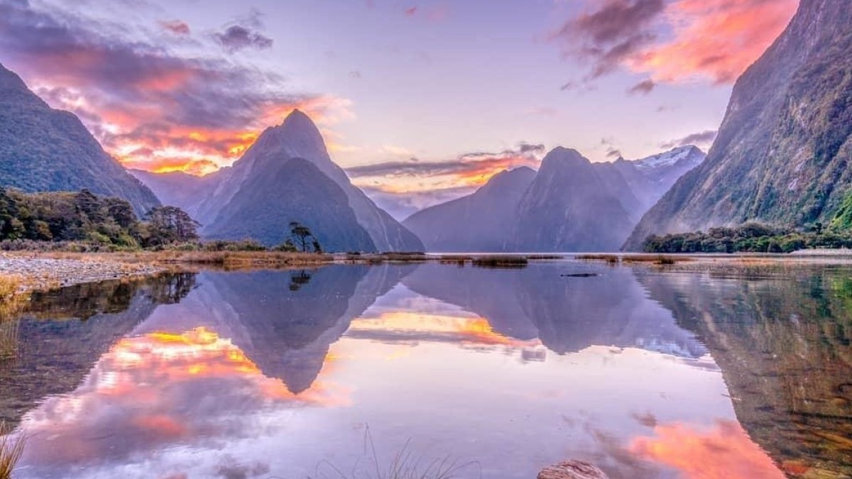 Milford Sound with a mountain in the background